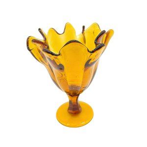 Vintage MCM Italian Amber Glass Handkerchief Vase Made in Italy Pedestal Bowl